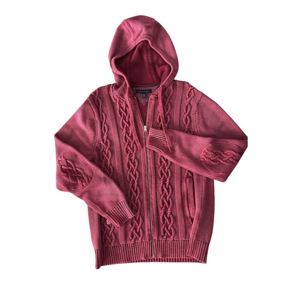 Tommy Hilfiger Men’s Full Zip Maroon Cable Knit Sweater Jacket w/Hood Size L - Picture 4 of 8